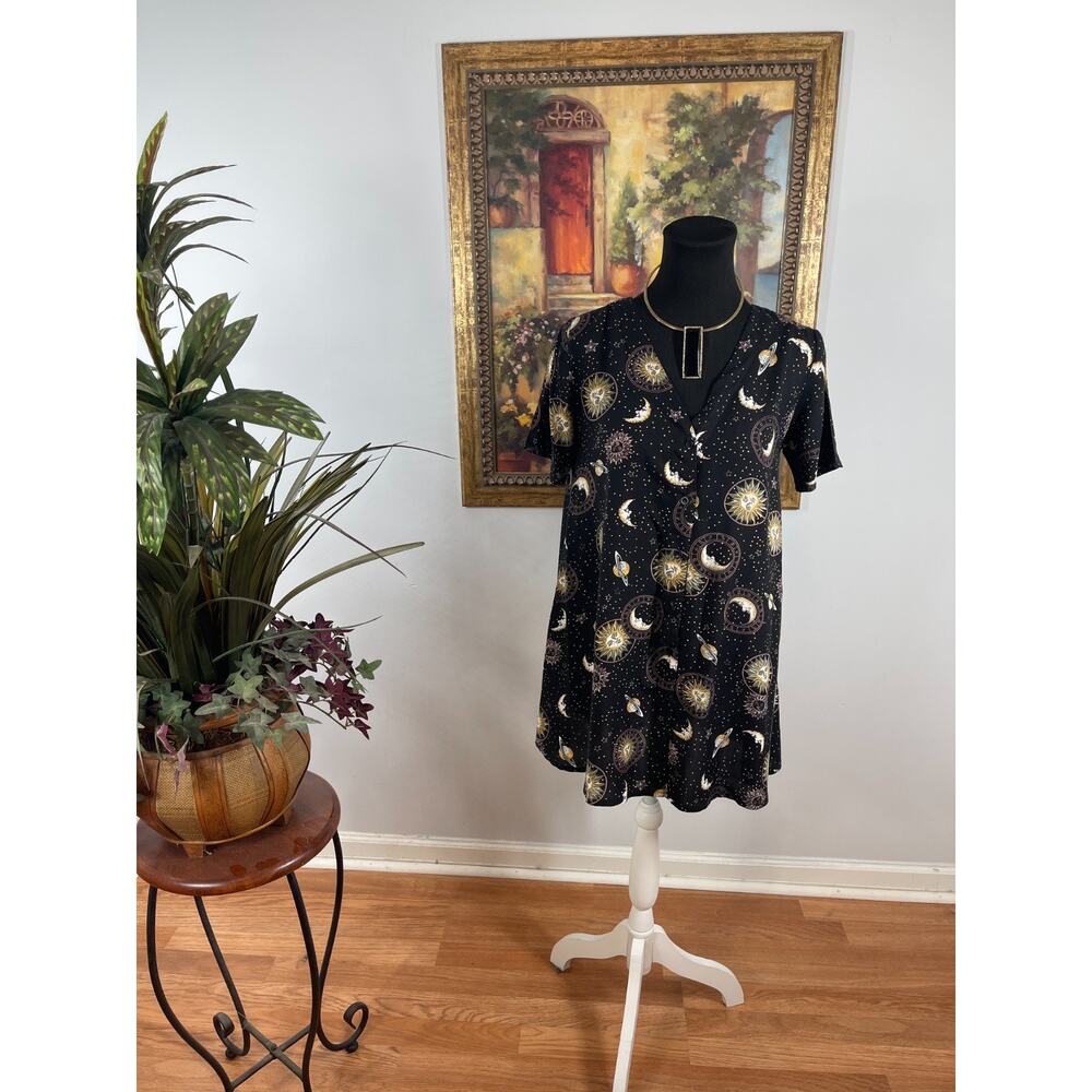 Motel Rocks Mini Dress XS Black Celestial Sun Moon Star Print‎ Celestial Witchy